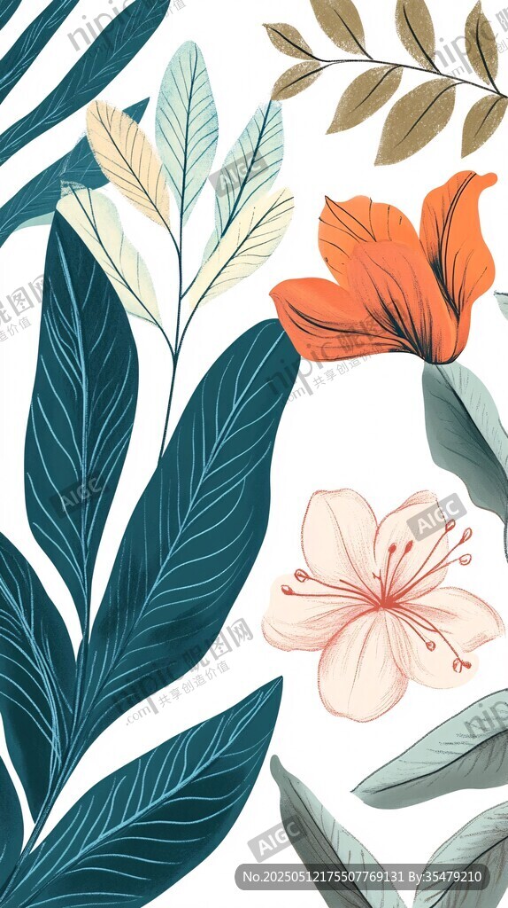 熱帶花卉與葉片插畫圖案