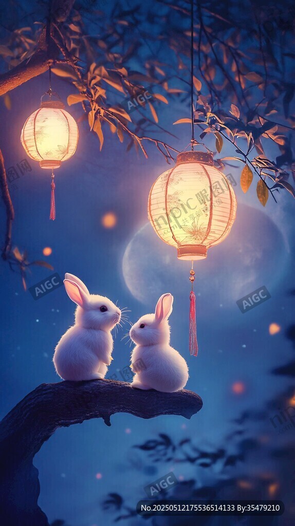 月夜雙兔賞燈圖