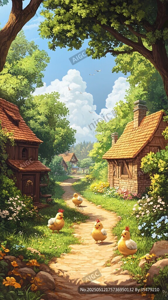 鄉(xiāng)村小道上的小雞與小屋