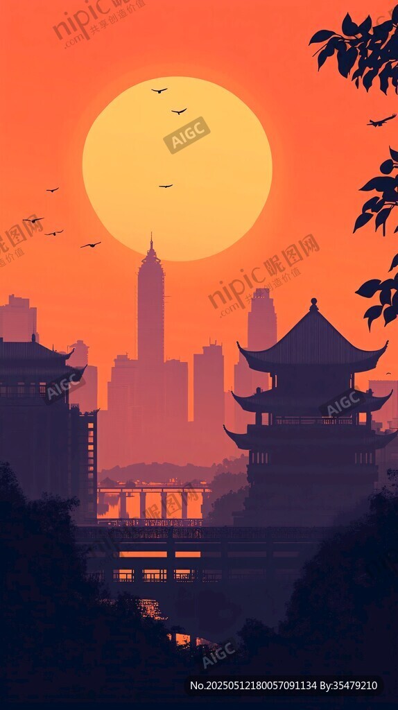 夕陽下的城市與古典建筑