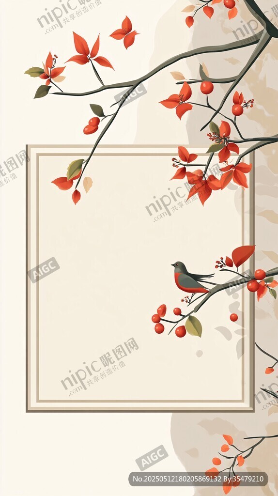 中式花鳥邊框插畫背景圖