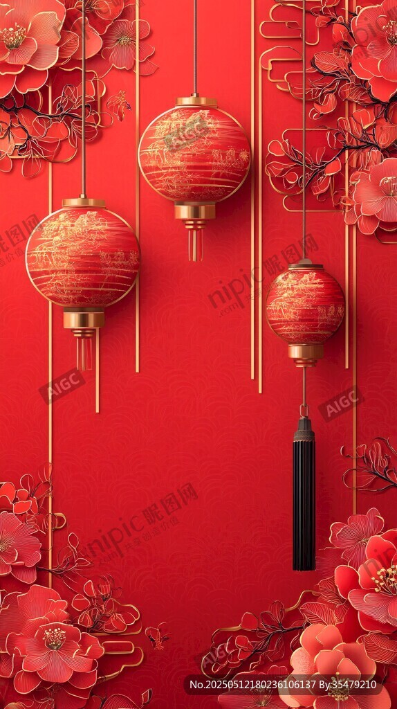 喜慶紅背景下的中式燈籠裝飾