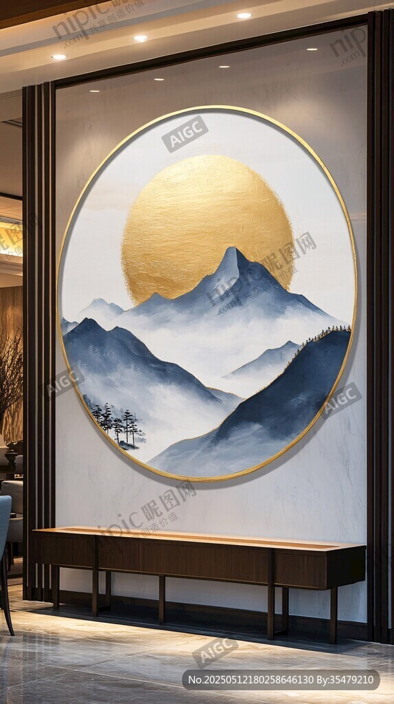 中式客廳山水圓形裝飾畫