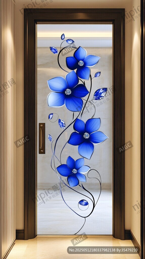藍色花卉藝術玻璃門