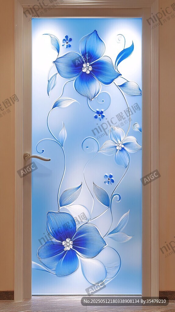 藍色花卉玻璃門藝術裝飾