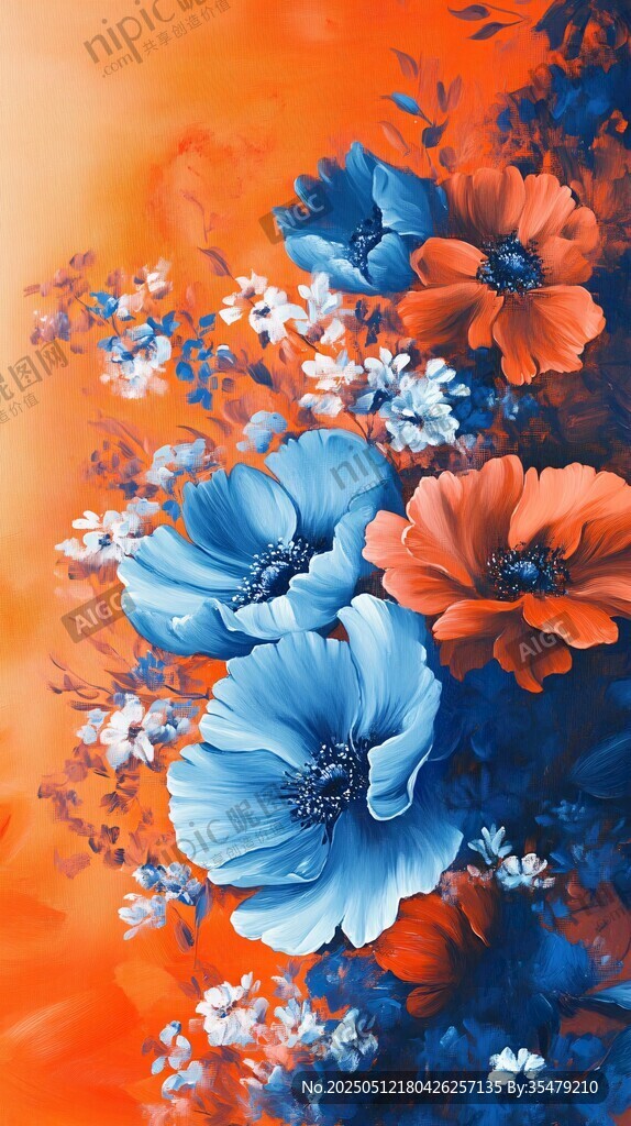 絢麗藍橙花卉油畫圖景