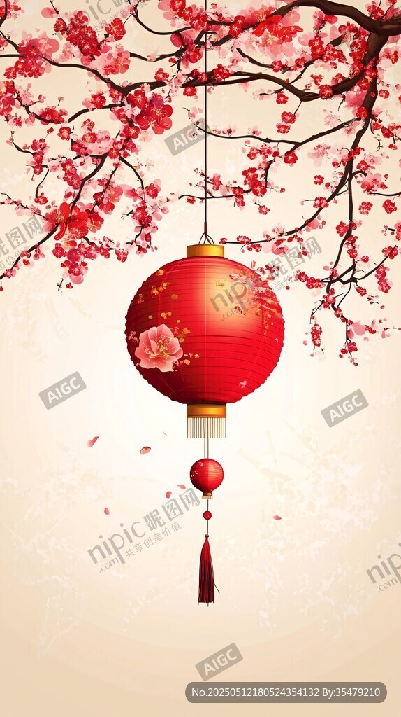 紅梅懸燈 喜慶中式風圖景