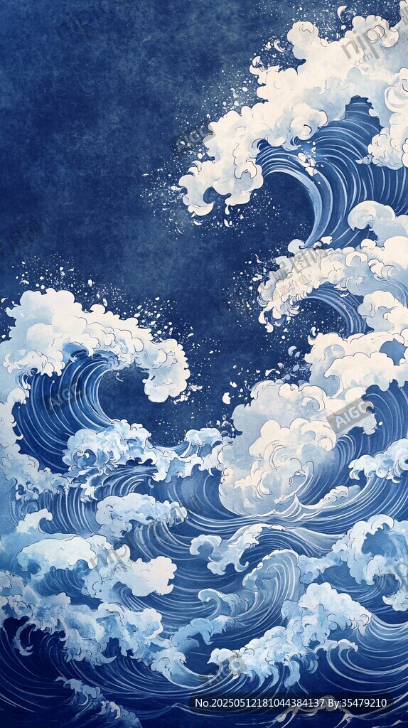 藍色海浪洶涌藝術畫作