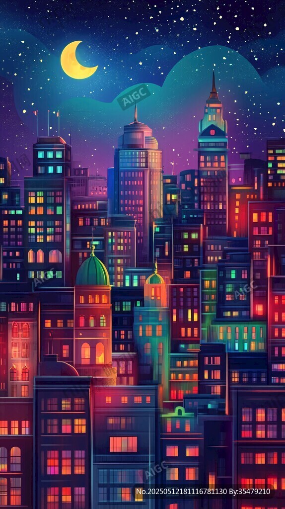 夢(mèng)幻月夜下的多彩都市景觀