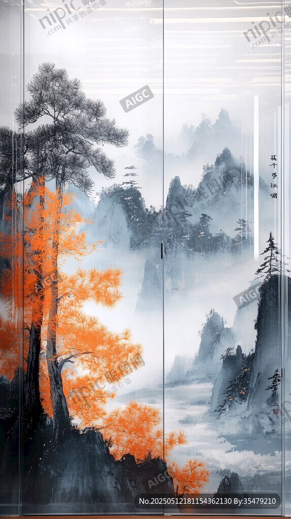 中式山水墨韻移門裝飾畫