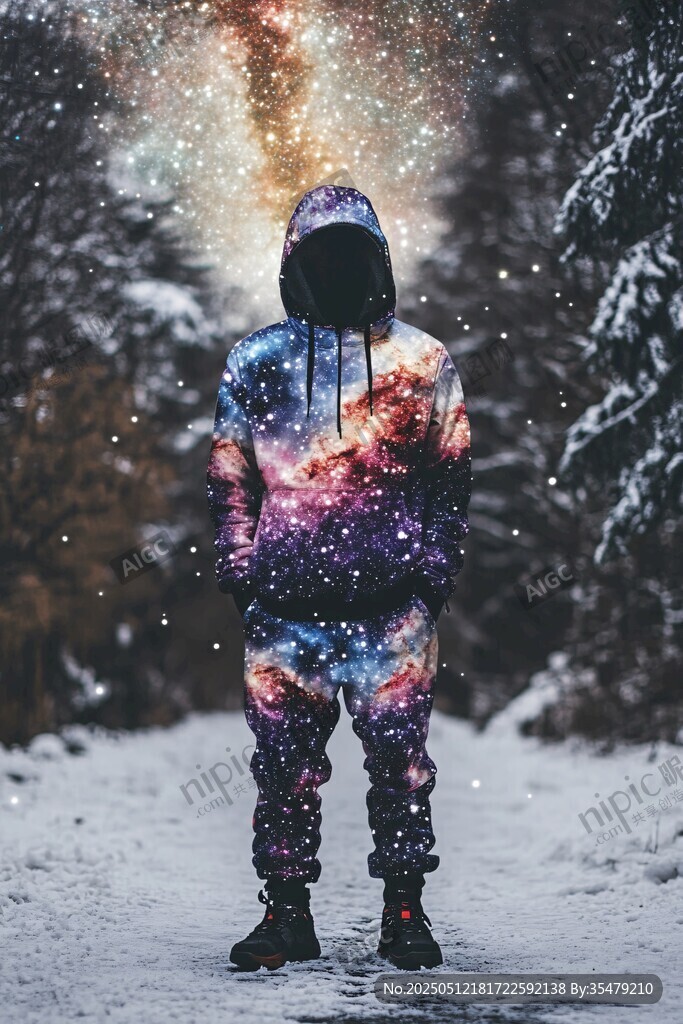 星空?qǐng)D案服裝在雪地中展示