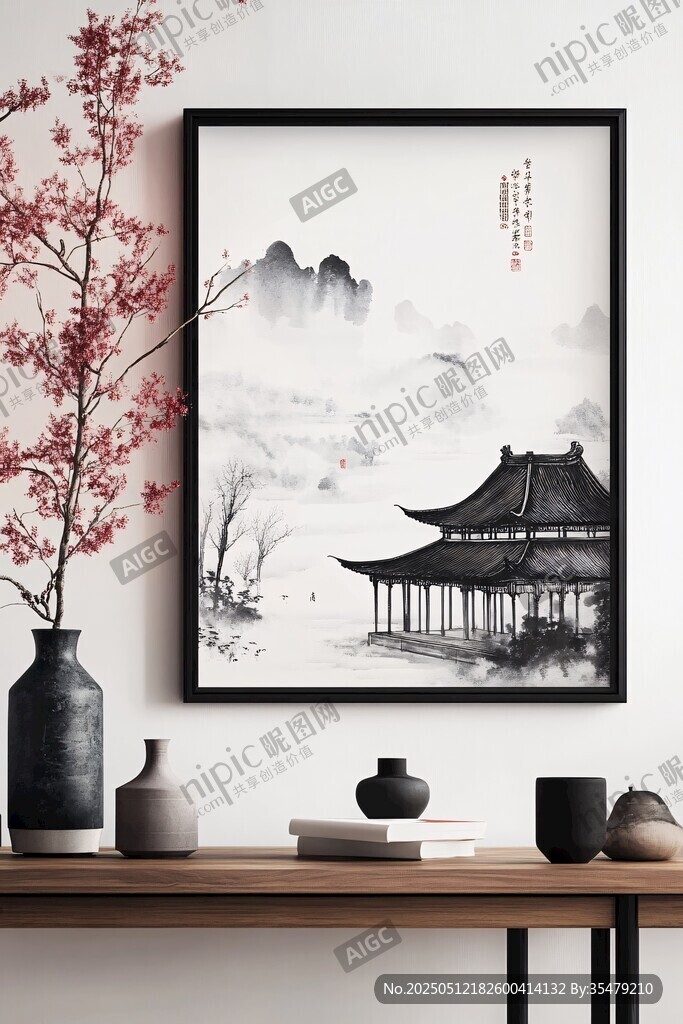 中式山水掛畫裝飾室內(nèi)景