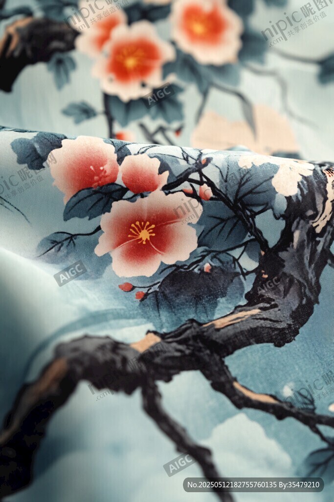 中式花卉圖案絲綢布料