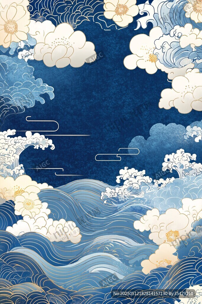 中式海浪祥云花卉背景圖