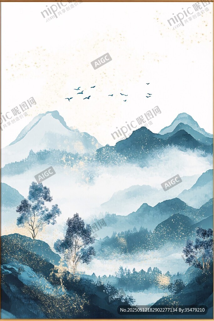 水墨山水間飛鳥伴林景