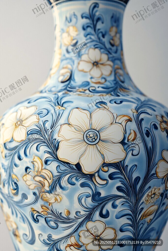藍(lán)白花卉紋精美陶瓷花瓶
