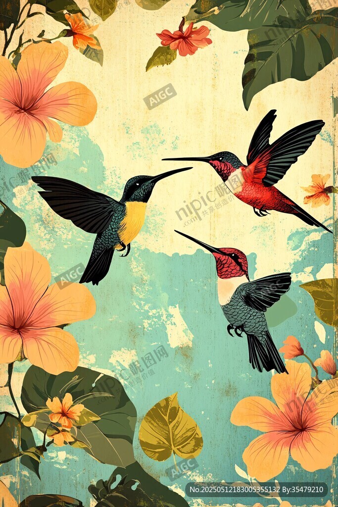 蜂鳥繁花圖