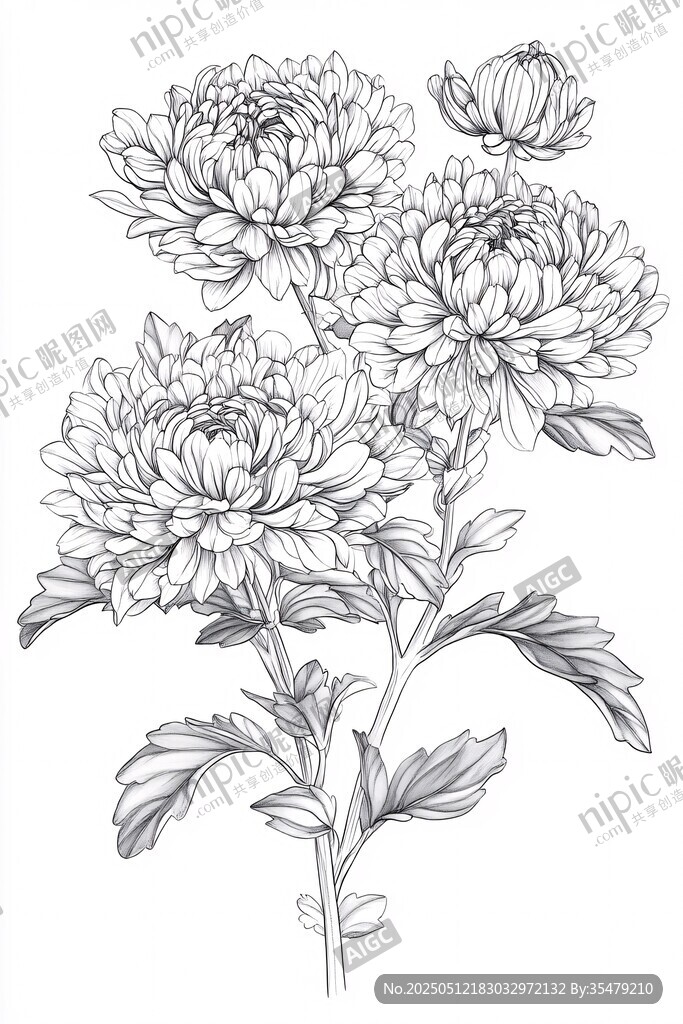 菊花線描花卉插畫