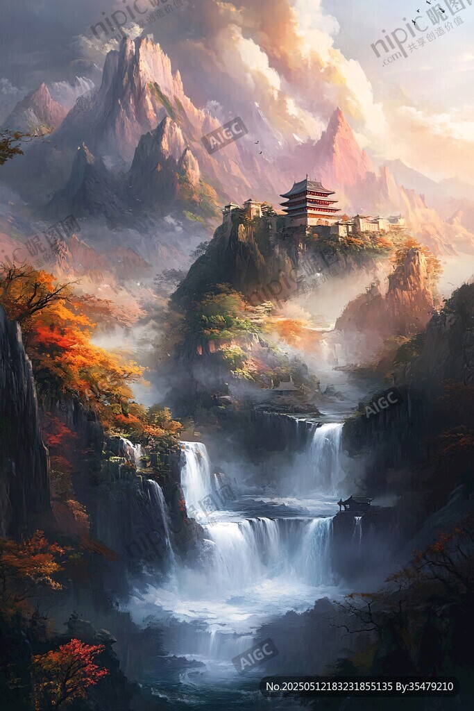 山間古亭飛瀑秋景圖