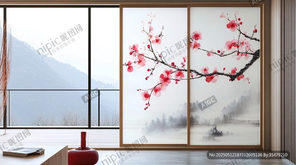 中式屏風(fēng) 紅梅山水雅致景