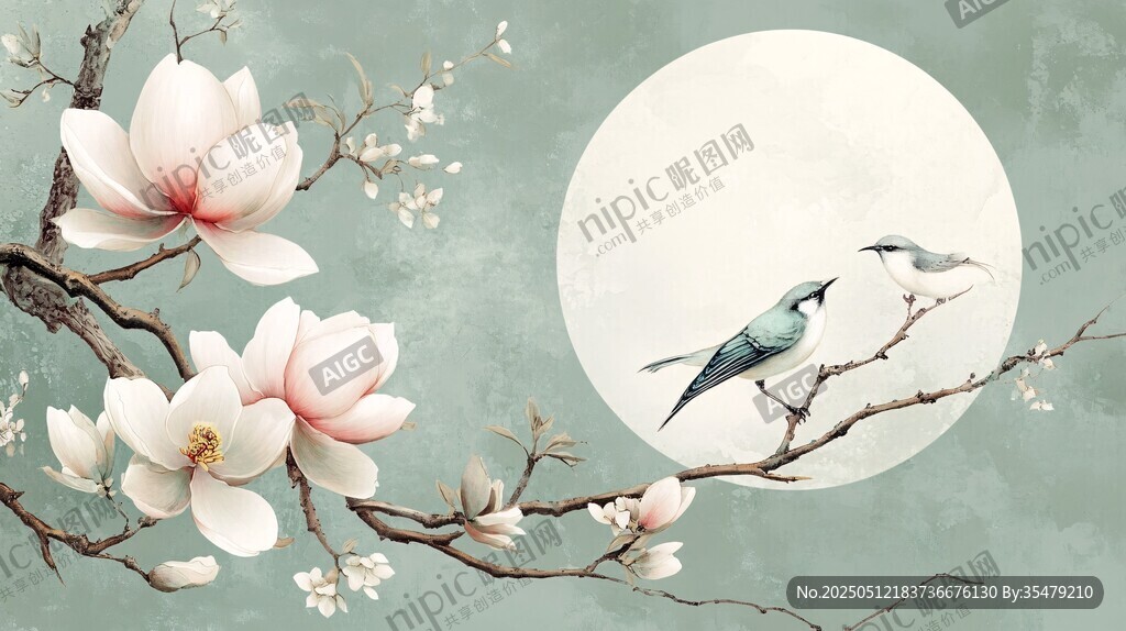 月夜玉蘭花枝雙鳥圖