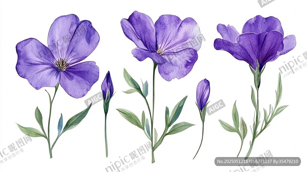 紫色亞麻花水彩插畫
