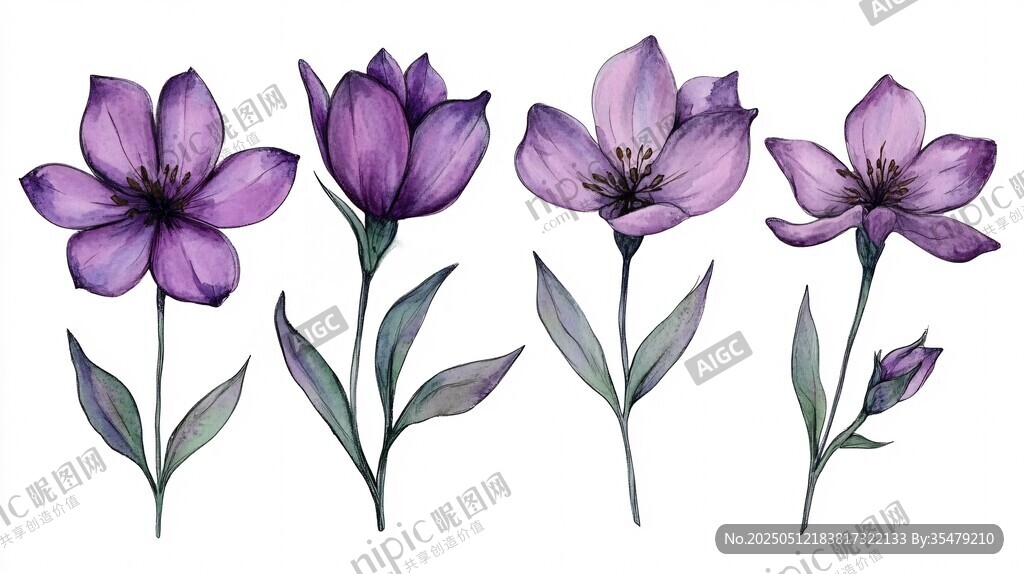 紫色花卉水彩插畫