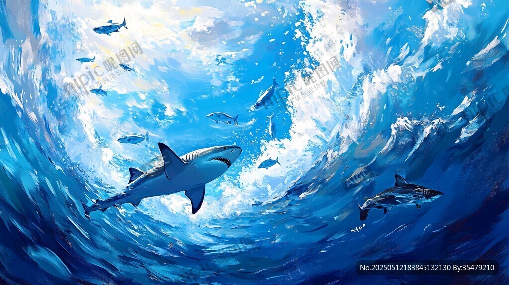 深海鯊魚與群魚共游圖景
