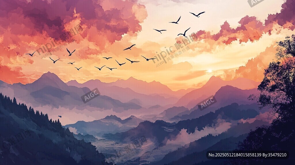 黃昏飛鳥越山巒美景
