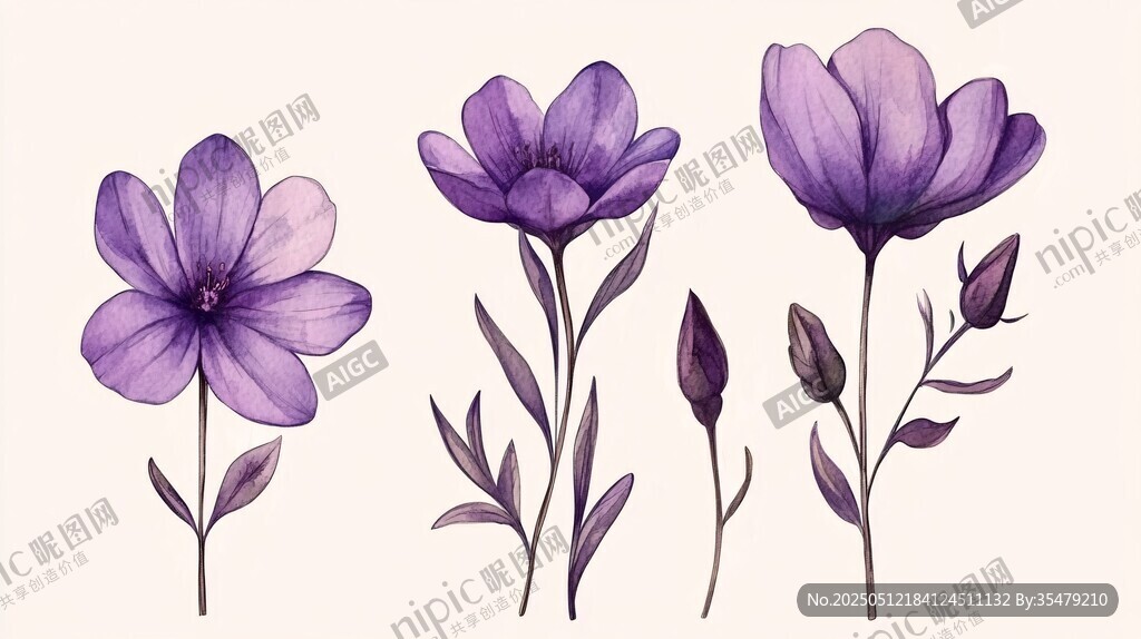 紫色花卉水彩插畫