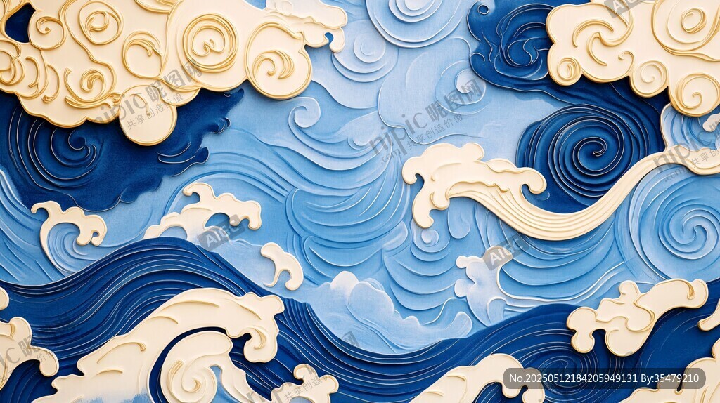 中式海浪祥云浮雕藝術(shù)圖案