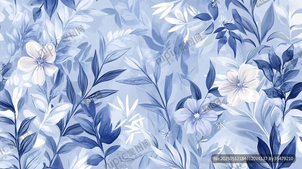 藍(lán)白花卉植物圖案背景