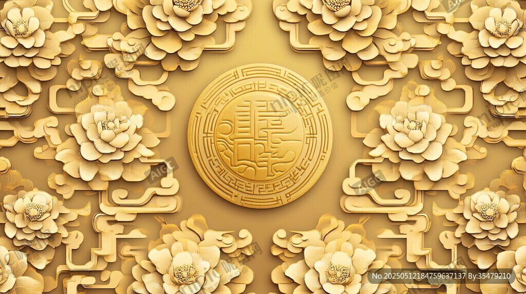 中式金雕牡丹福字背景圖