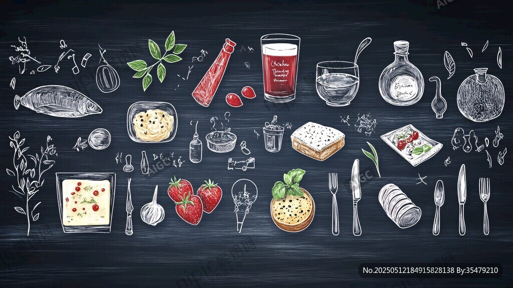 黑板上的手繪美食與調料
