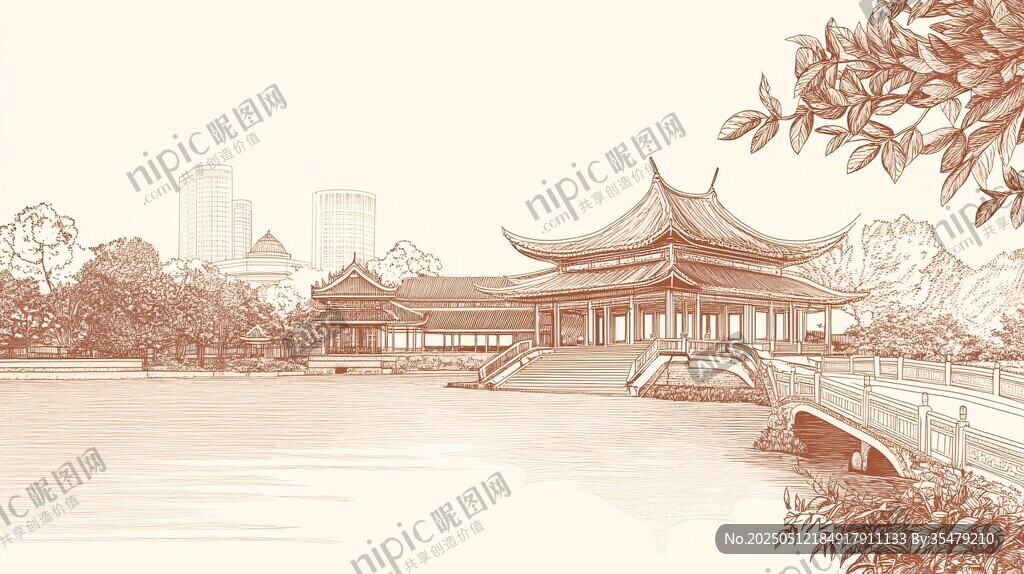 中式園林湖畔古建筑風景