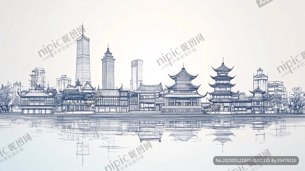 水墨風古今交融城市景觀圖
