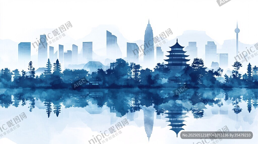 水墨風(fēng)城市與古典建筑倒影