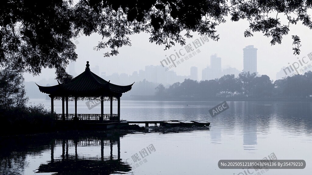 湖畔古亭 城市朦朧之景
