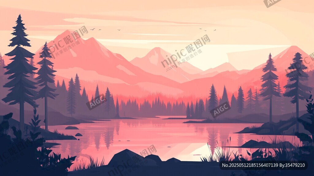 黃昏湖畔山林美景