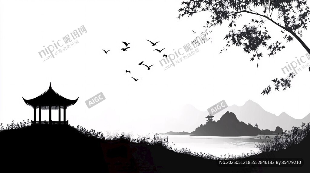 水墨湖畔亭 飛鳥入畫境
