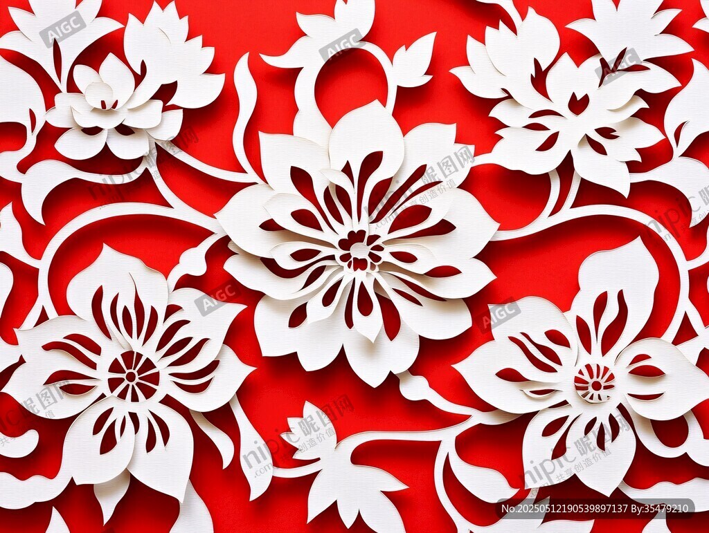 紅色背景上的白色剪紙花卉