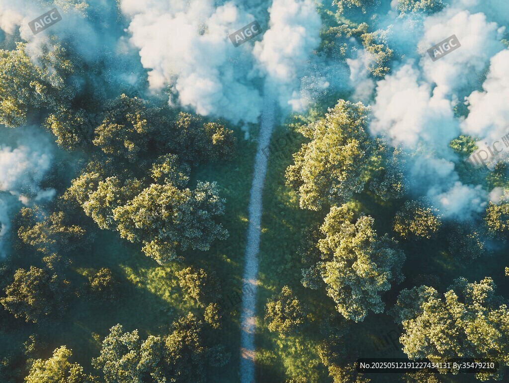 空中俯瞰林間迷霧小徑
