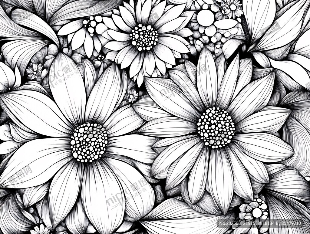 黑白花卉線條插畫