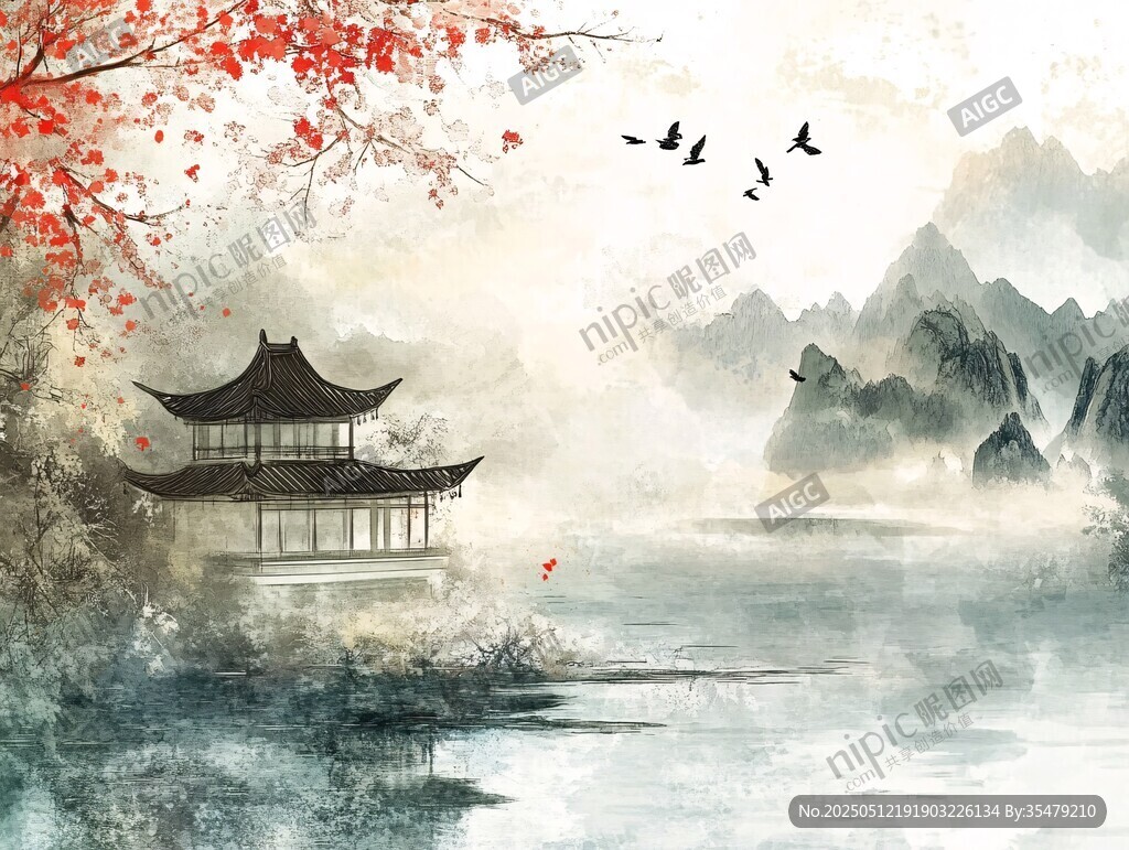 水墨湖畔古亭飛鳥圖
