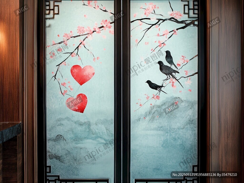 中式屏風上的花鳥愛心圖