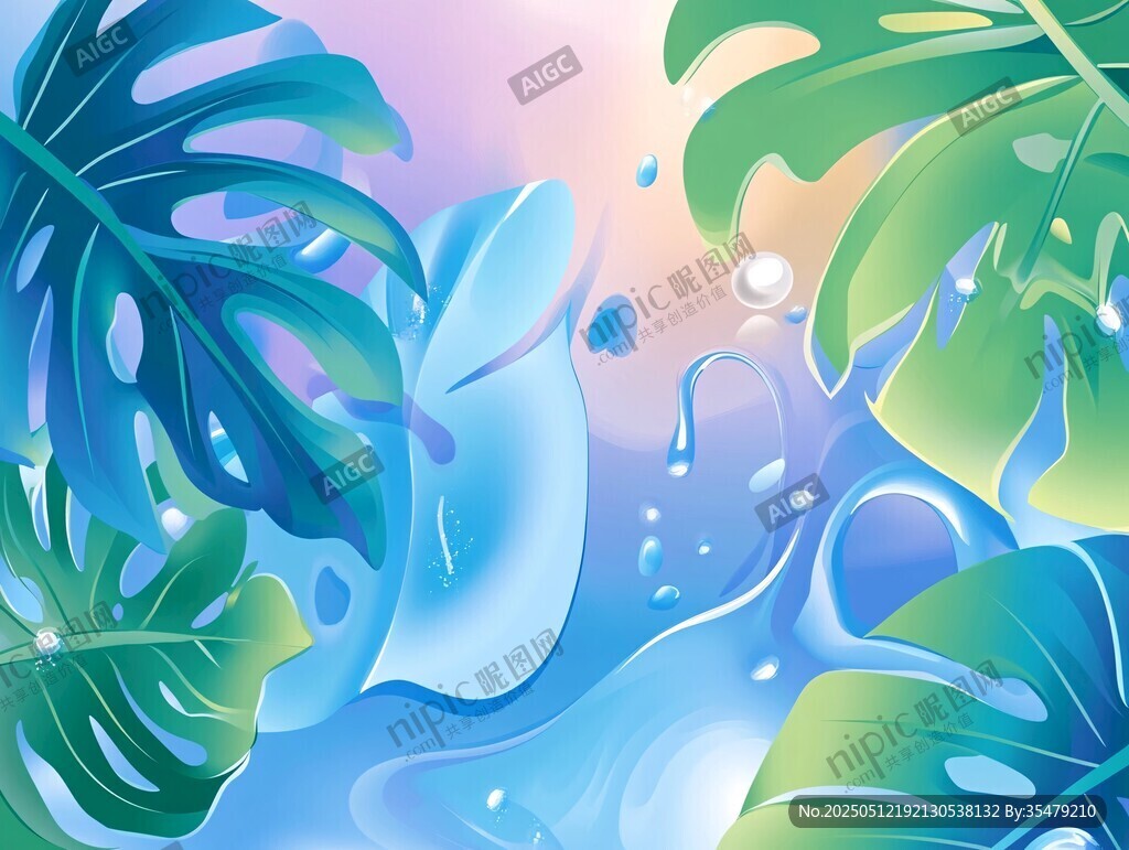 夢(mèng)幻藍(lán)綠植物水花插畫