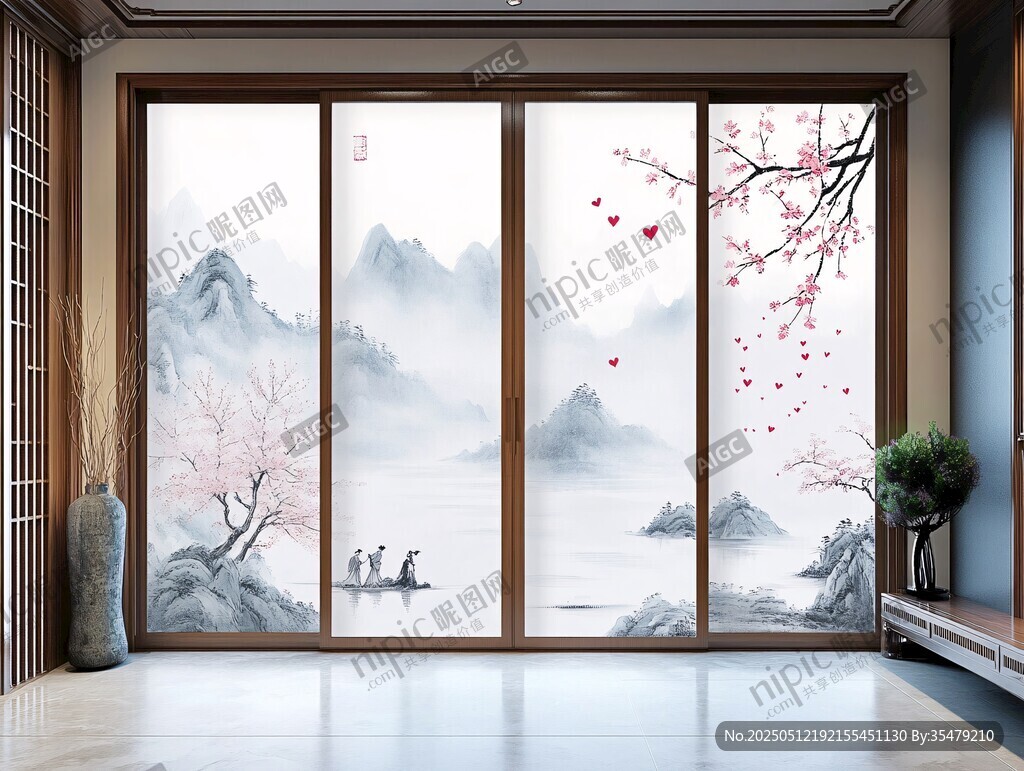 中式山水花鳥移門裝飾畫