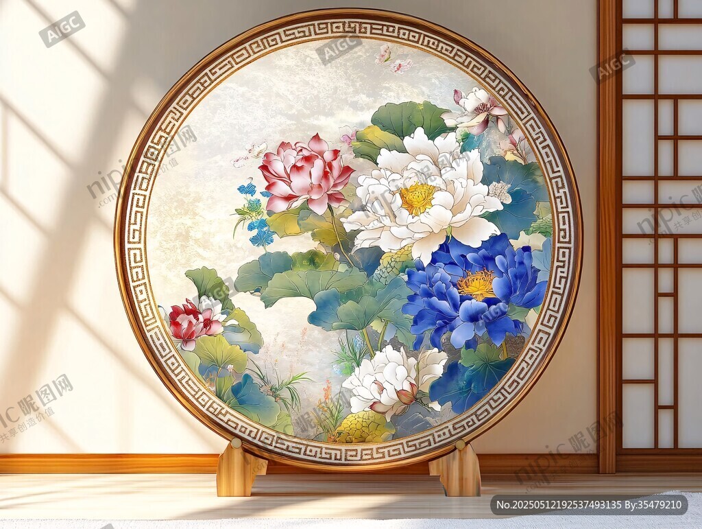 中式圓形荷花屏風(fēng)畫(huà)