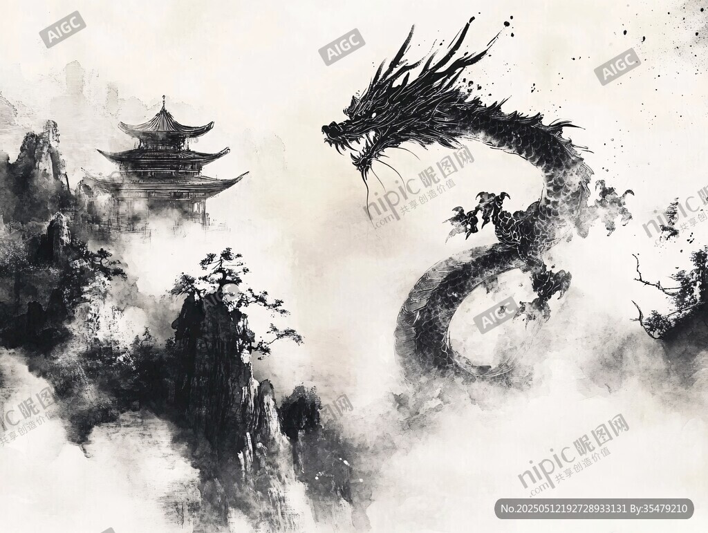 水墨龍舞于山水樓閣間