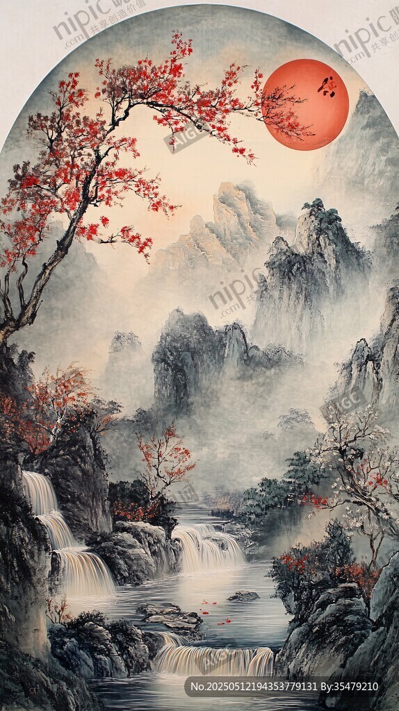秋江月夜山水國畫意境美